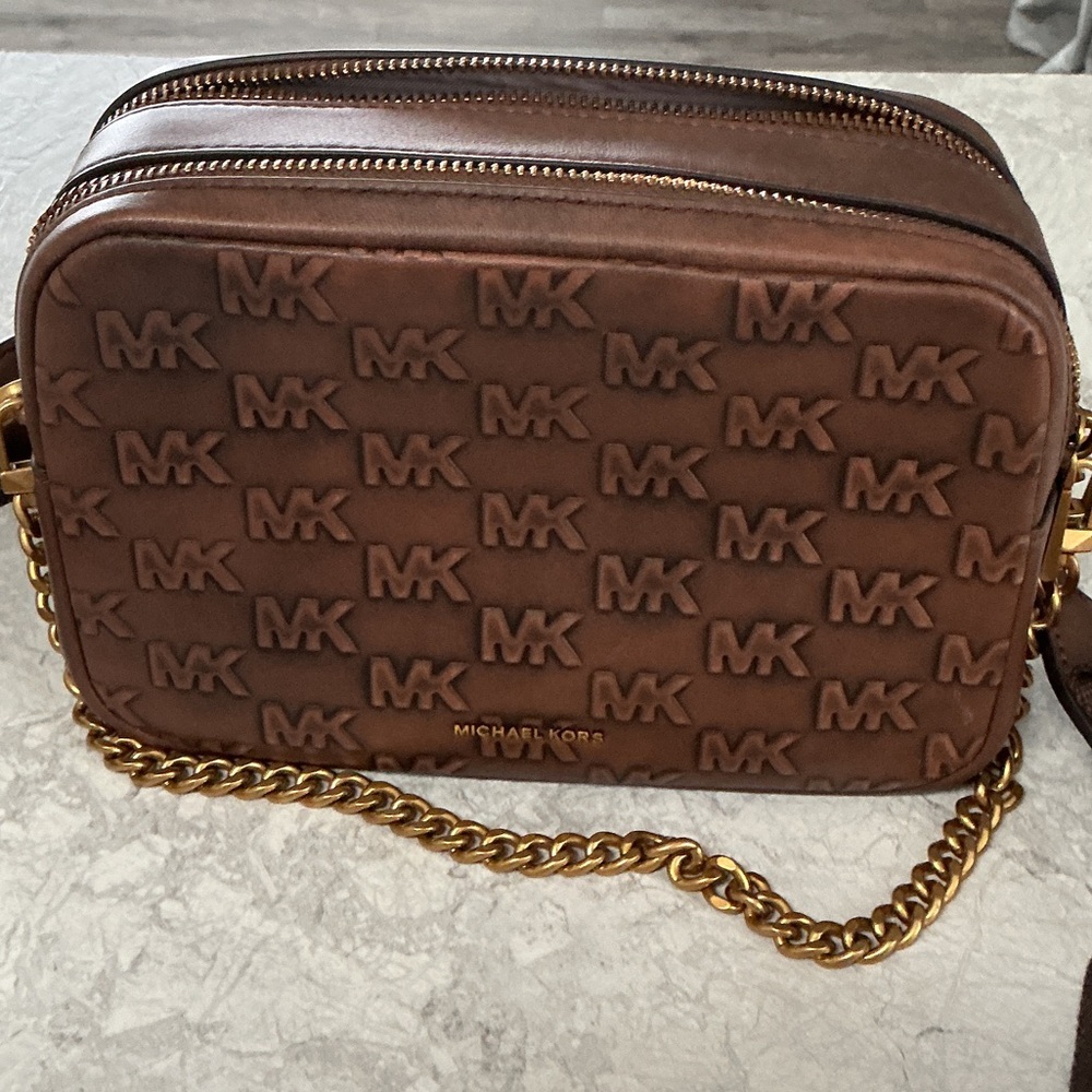 Michael Kors Chocolate Brown MK Signature Crossbody with Gold Chain - Picture 2 of 3
